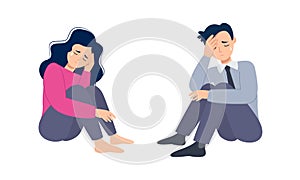 Man and woman feel stress and sitting on the floor. Depression and mental health concept.
