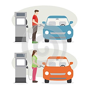 Man and woman fill up fuel at the gas station