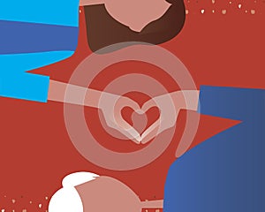 Man and woman fingers heart, concept of love, romance, relationship, flat vector stock illustration with lovers in love