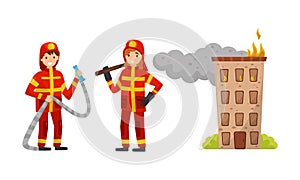 Man and Woman Firefighter Carrying Firehose and Shovel Vector Illustration Set