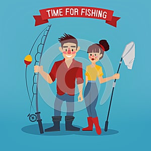 Man and Woman Fishers. Time for Fishing. Man with Fishing Rod