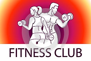 Man and woman Fitness template. Gym club logotype. Sport Fitness club creative concept. Bodybuilder and woman Fitness Model Illust