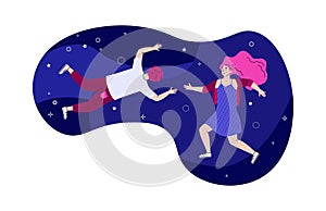 Man and woman floating in starry night sky, cartoon vector illustration isolated.
