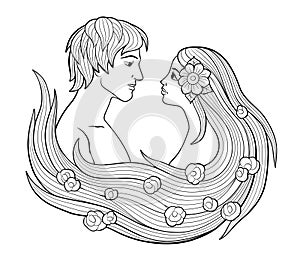 Man and woman with flowers in her long hair. Outline black and white illustration