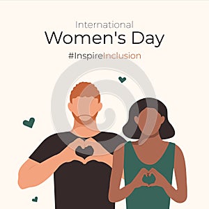 Man and Woman fold hands with heart for Inspire Inclusion International Women\'s Day 2024 poster. IWD postcard with Boyfriend