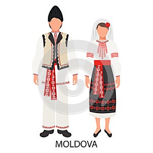 A man and a woman in folk Moldavian national costumes. Culture and traditions of Moldova. Illustration