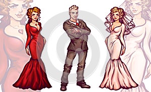 Man with woman in full dress and tux. Bride. Vector illustration