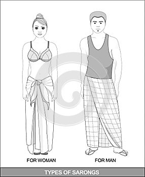 Man and a woman in full growth, sarong skirt types