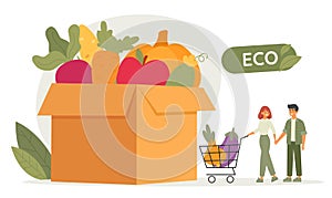 Man and woman with full shopping cart, buy online fresh vegetables. Paper box with vegetables. Vector illustration