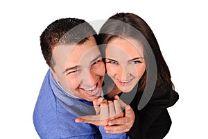 Man and woman with funny faces isolated over white background