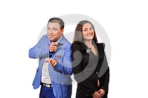 Man and woman with funny faces isolated over white background