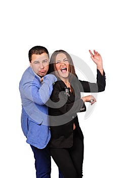 Man and woman with funny faces isolated over white background