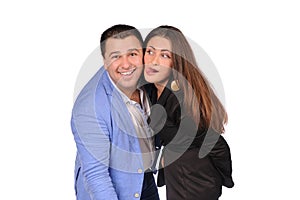 Man and woman with funny faces isolated over white background