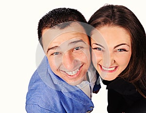 Man and woman with funny faces isolated over white background