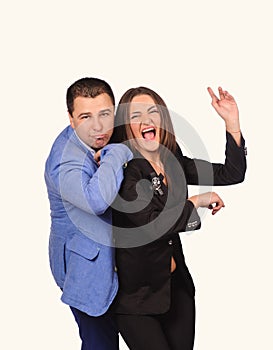 Man and woman with funny faces isolated over white background