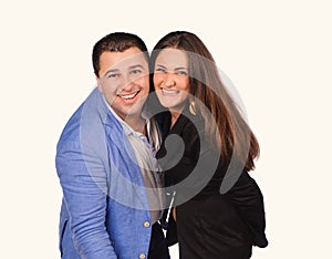 Man and woman with funny faces isolated over white background