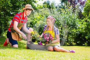 Man and woman in garden planting flowers