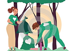 Man and Woman Gathering Plastic Bottles in Sack as Ecology and Planet Care Vector Illustration