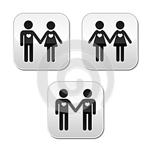 Man and woman, gay and lesbian couples buttons set