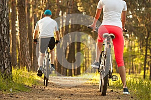 A man and a woman. go cycling in the Woods. bike to nature