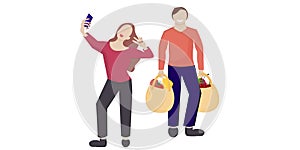 A man and a woman go shopping, a husband with full bags, a wife takes a selfie on a smartphone. Vector illustration in flat style