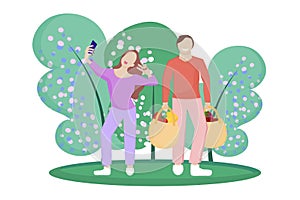 A man and a woman go shopping, a husband with grocery bags, a wife takes a selfie on a smartphone. Vector illustration in flat