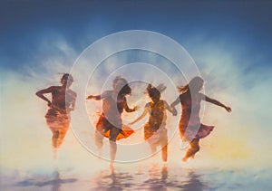 group woman man happiness celebrate vacation youth friend fun ocean jump sunset. Generative AI.