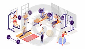 Man and Woman at Gym Doing Sport Training and Workout Vector Illustration