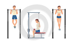 Man and Woman at Gym Training with Sport Machine Vector Set