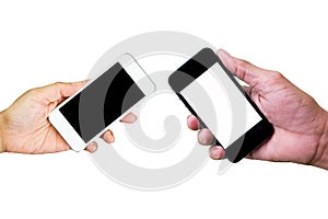 Man and woman hand holding and using smart phone. photo