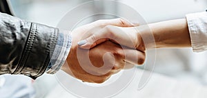 Man and woman hand shaking. Handshake after good cooperation, Businesswoman Shaking hands with Professional businessman after