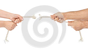 Man and woman hands with breaking rope