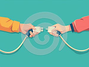 Man and woman hands holding power cord. illustration in flat style Generative AI