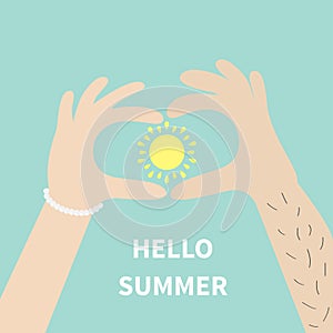 Man woman hands holding sun icon. Male hair arm Female arm braslet. Sun shining with rays of light. Hello summer Greeting card. B