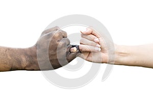 Man and woman hands touching together with a dirty hand and a clean on white background for love concept valentine day,