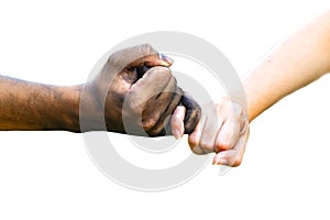 man and woman hands touching together with a dirty hand and a clean on white background for love concept valentine day,