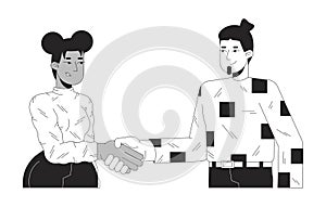 Man and woman handshake black and white 2D line cartoon characters