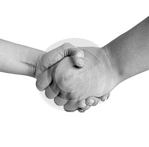 Man and woman handshake black and white isolated