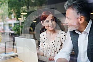 Man and woman having business meeting in a cafe, using laptop.