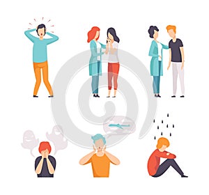 Man and Woman Having Mental Disorder and Psychic Illness Engaged in Psychotherapy and Treatment Vector Set
