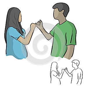 man and woman having pinky promise hand holding vector illustration sketch doodle hand drawn with black lines isolated on white b