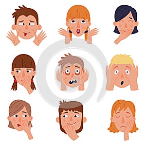 Man and Woman Head with Face Emotion and Hand Gesture Vector Set
