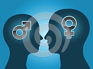 Man and woman head silhouette with gender symbols