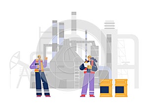 Man and woman in helmets and special uniform, oil industry workers flat style