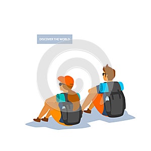 Man and woman hikers sitting watching enjoying the view backside vector illustration