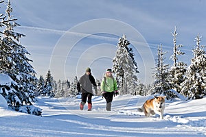 Man and woman hiking with dog in winter