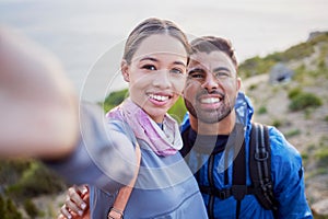 Man, woman and hiking selfie portrait with love, happiness and nature for outdoor adventure on holiday. Young happy