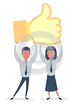 Man and woman hold big thumb up icon. Successful social media, teamwork. Business poster, card for presentation, social