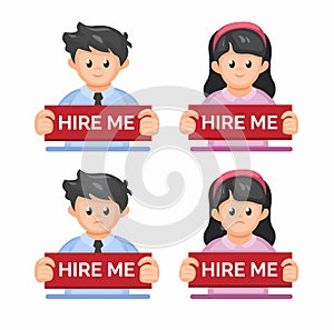 Man and woman holding board HIRE ME message with sad and happy expression, employee job seeker symbol illustration vector