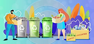 Man and woman holding boxes filled with unsorted trash. Vector illustration showing waste sorting process.